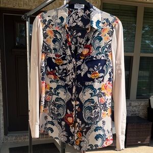 Express Floral Button-Down Shirt in Navy, Cream & Yellow size medium